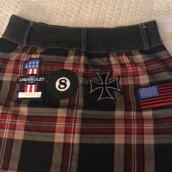 Necessary objects skirt plaid stretchy waist black denim with patches on back - Picture 2 of 5